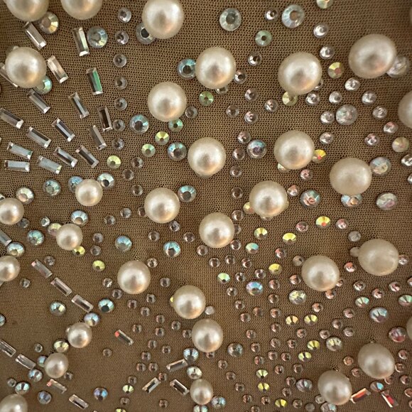 Pearl Embellished Nude Mesh Mini Dress | Statement Party Look - Picture 3 of 3